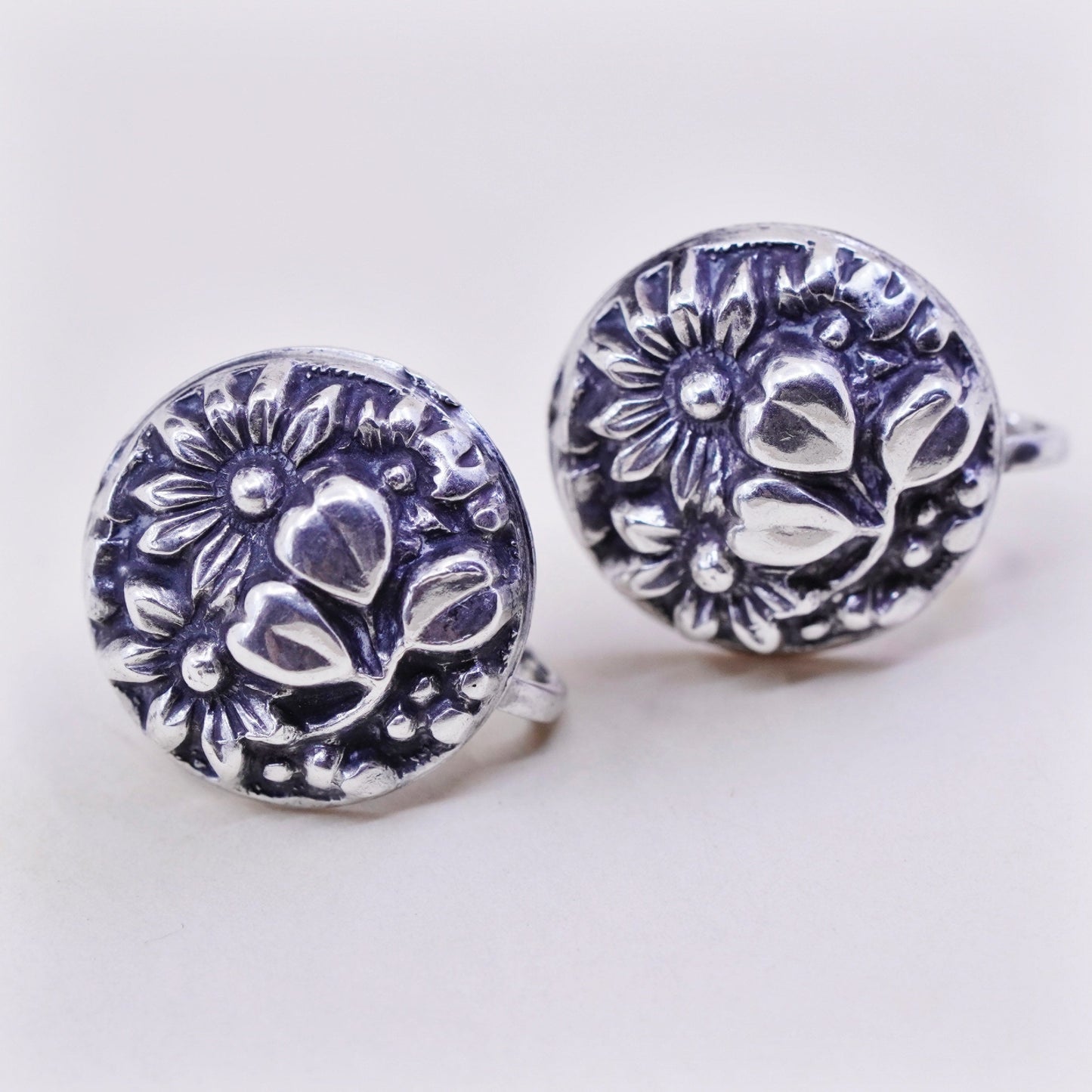 Vintage Sterling silver handmade earrings, 925 screw back flower