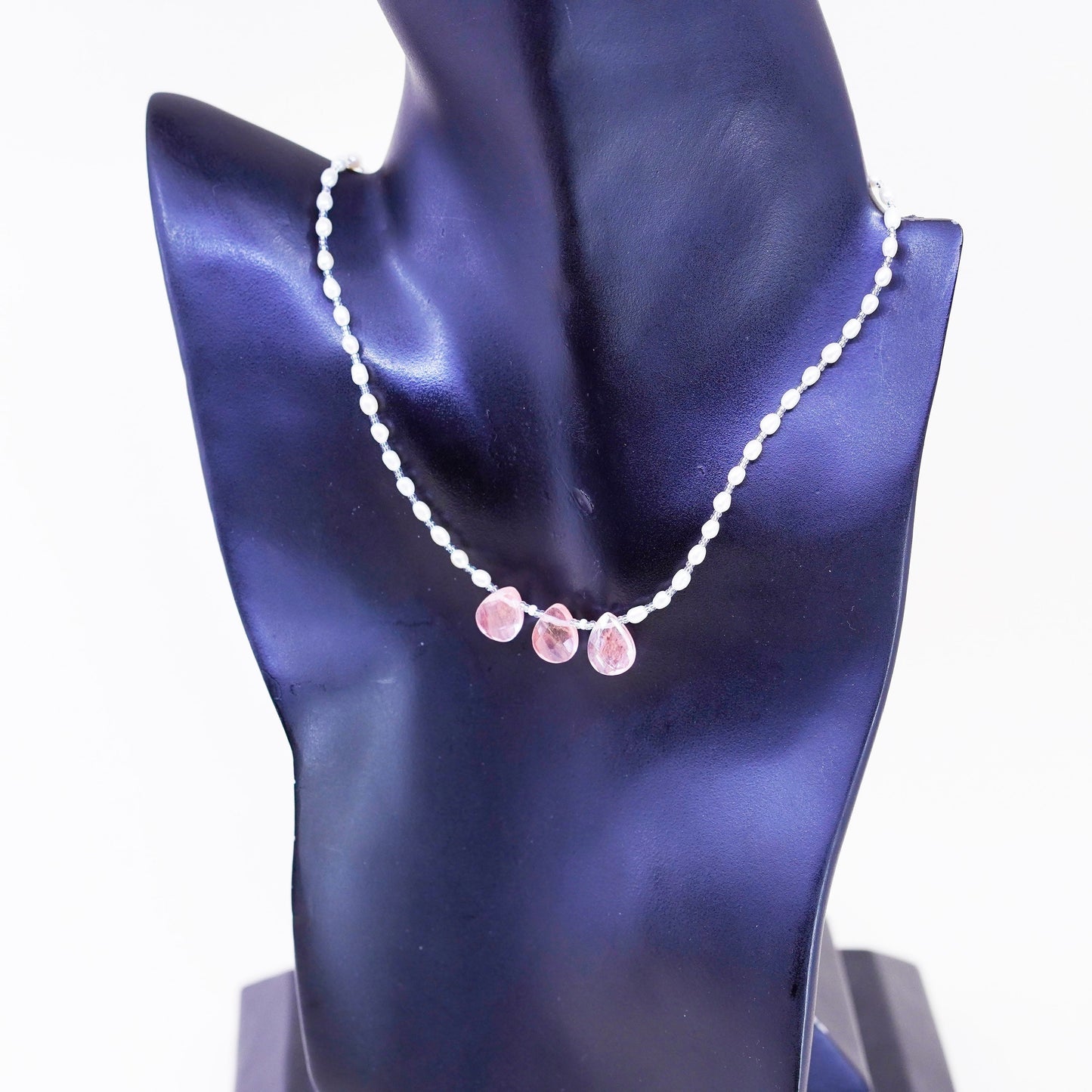 18” Sterling 925 silver handmade necklace, elongated chain pearl rose quartz