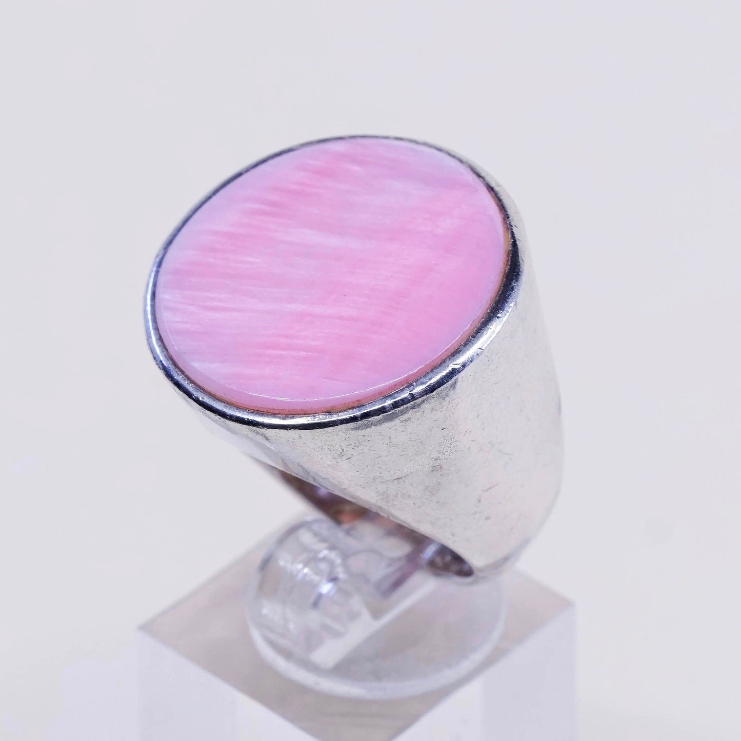 sz 7.25, mexico PB sterling silver handmade ring w/ round pink mother of pearl