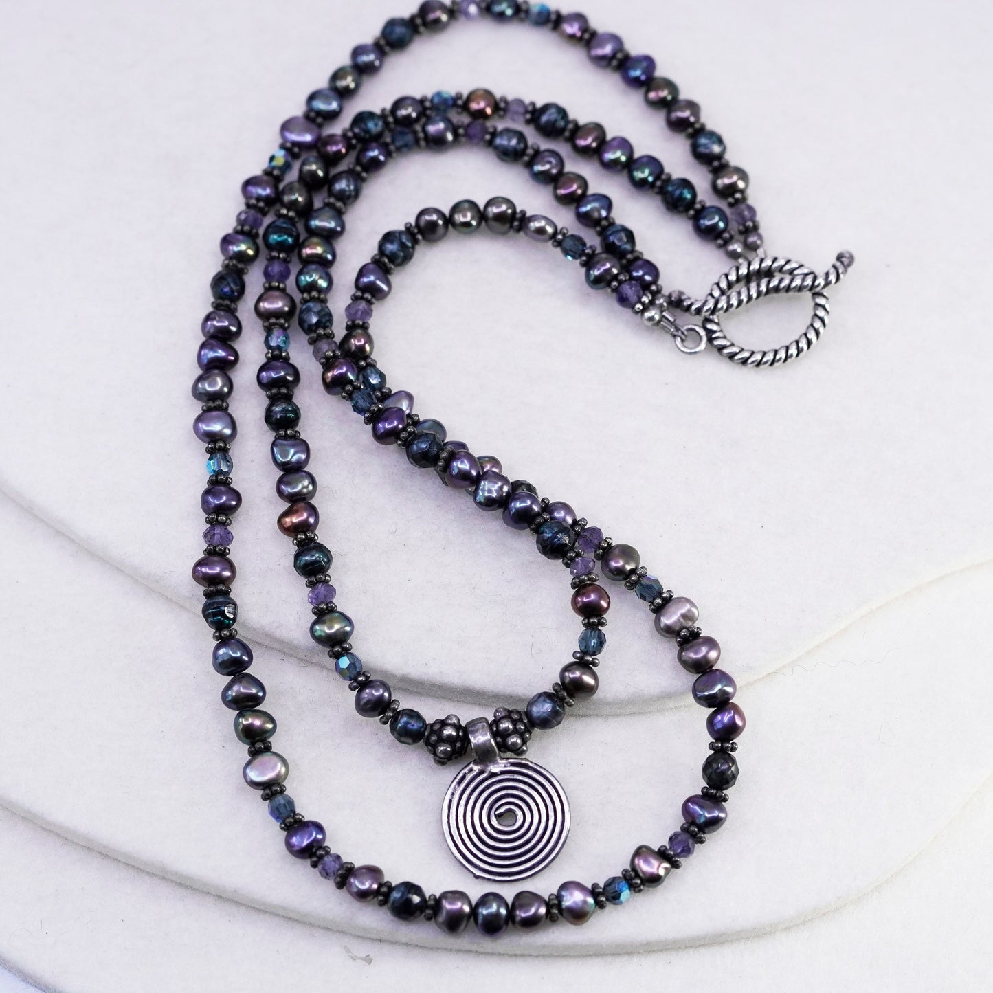 16”, 5mm double strands black pearl beaded necklace Sterling 925 silver