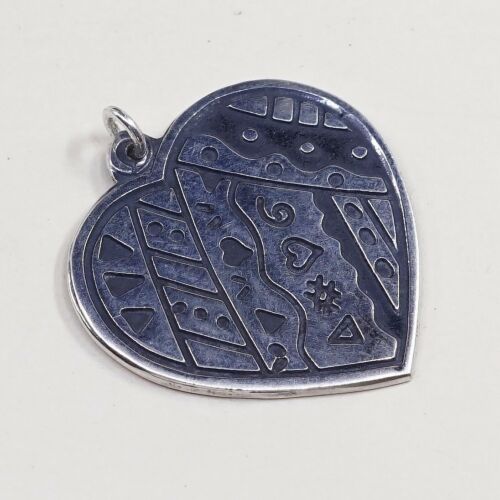 Vintage sterling silver handmade pendant, 925 heart charm Embossed Pattern