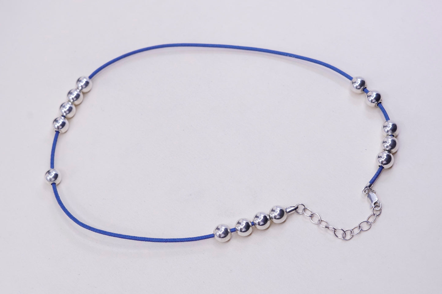 16+2”, Vintage sterling 925 silver handmade beads necklace, blue linen chain