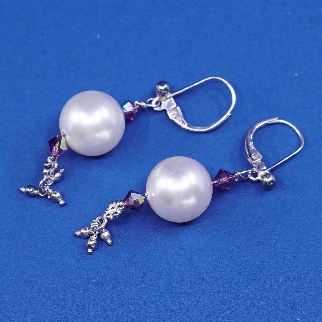 vtg Sterling silver handmade earrings, 925 w/ faux pearl N crystal drops