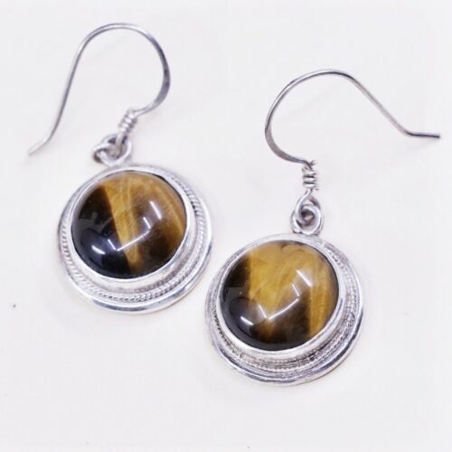 Vtg Sterling Silver Handmade Earrings, 925 Silver W/ Round Golden Tiger Eye