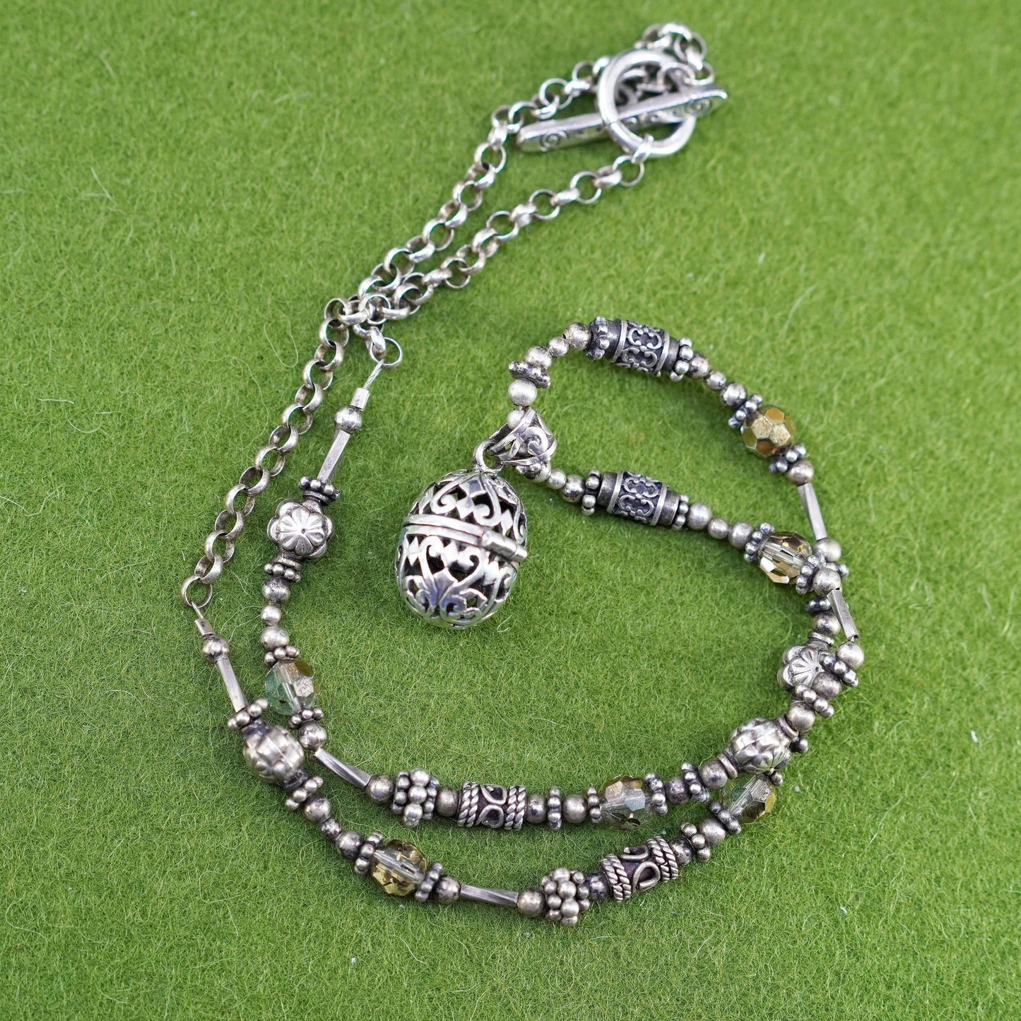 20”, sterling 925 silver handmade bead chain necklace w/ filigree prayer locket