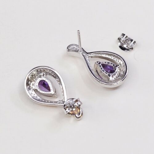 Vtg Sterling Silver Handmade Earrings, 925 Silver Studs W/ Amethyst N Opal