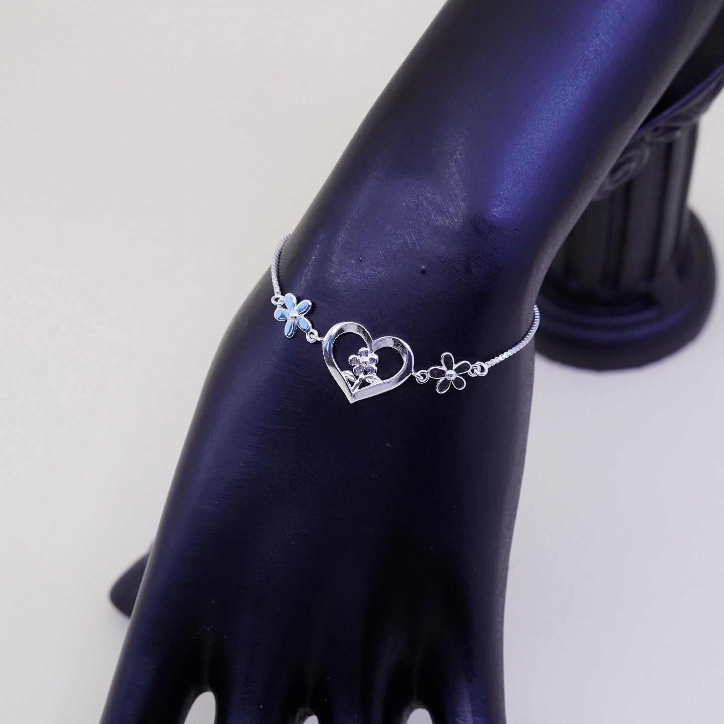 Size adjustable, sterling silver bracelet, fine 925 box chain w/ heart N flower