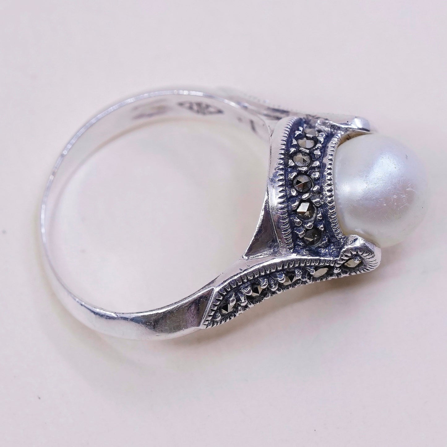 sz 7.25, Judith Jack sterling 925 silver handmade ring w/ pearl and marcasite