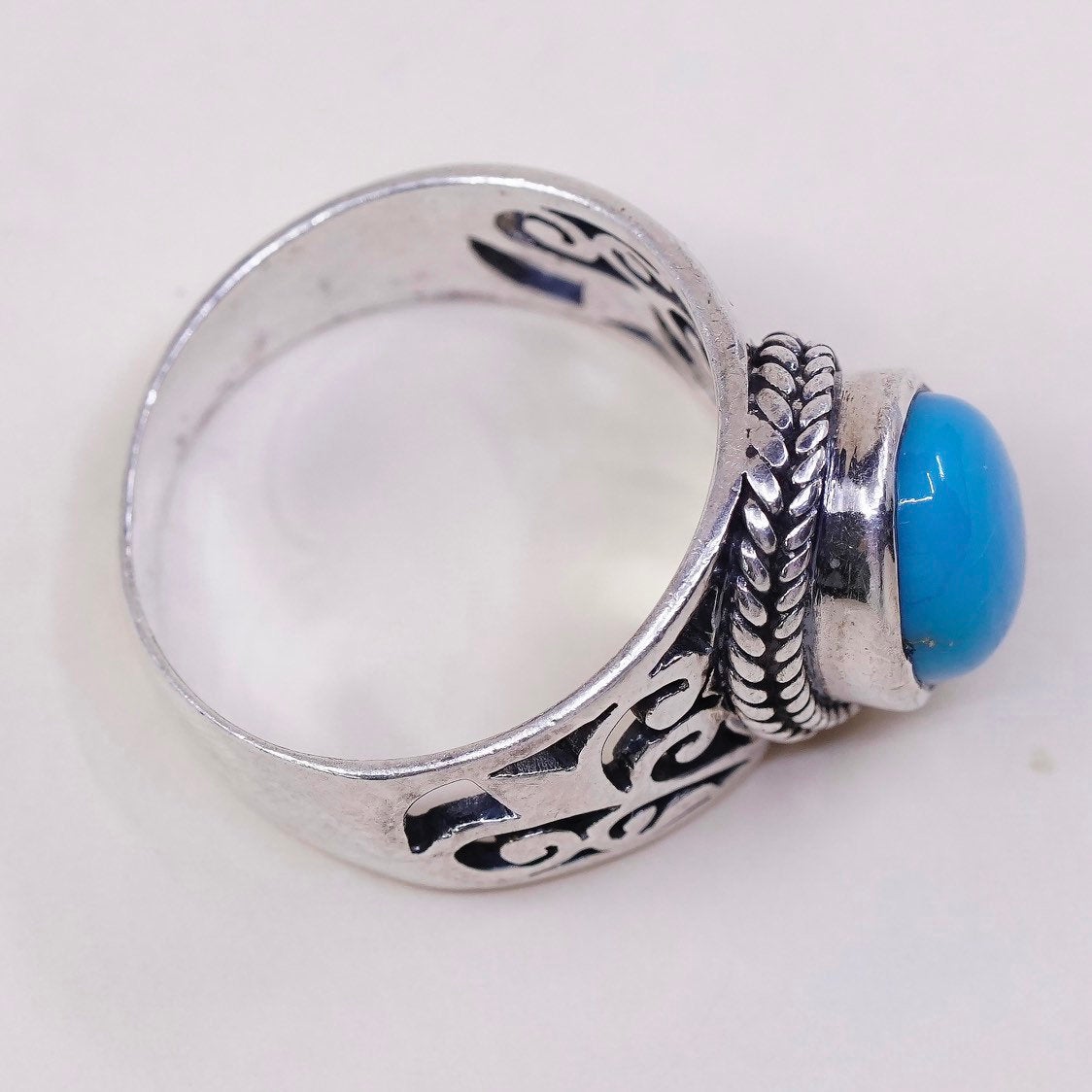 sz 10, vtg sterling silver ring, handmade 925 ring w/ turquoise n Filigree