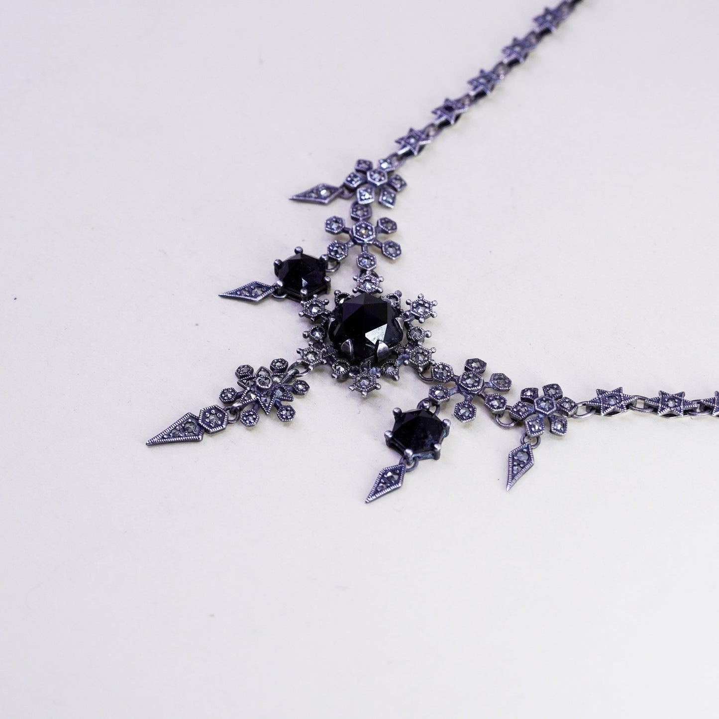 15”, sterling 925 silver necklace chain w/ marcasite snowflake obsidian pendant