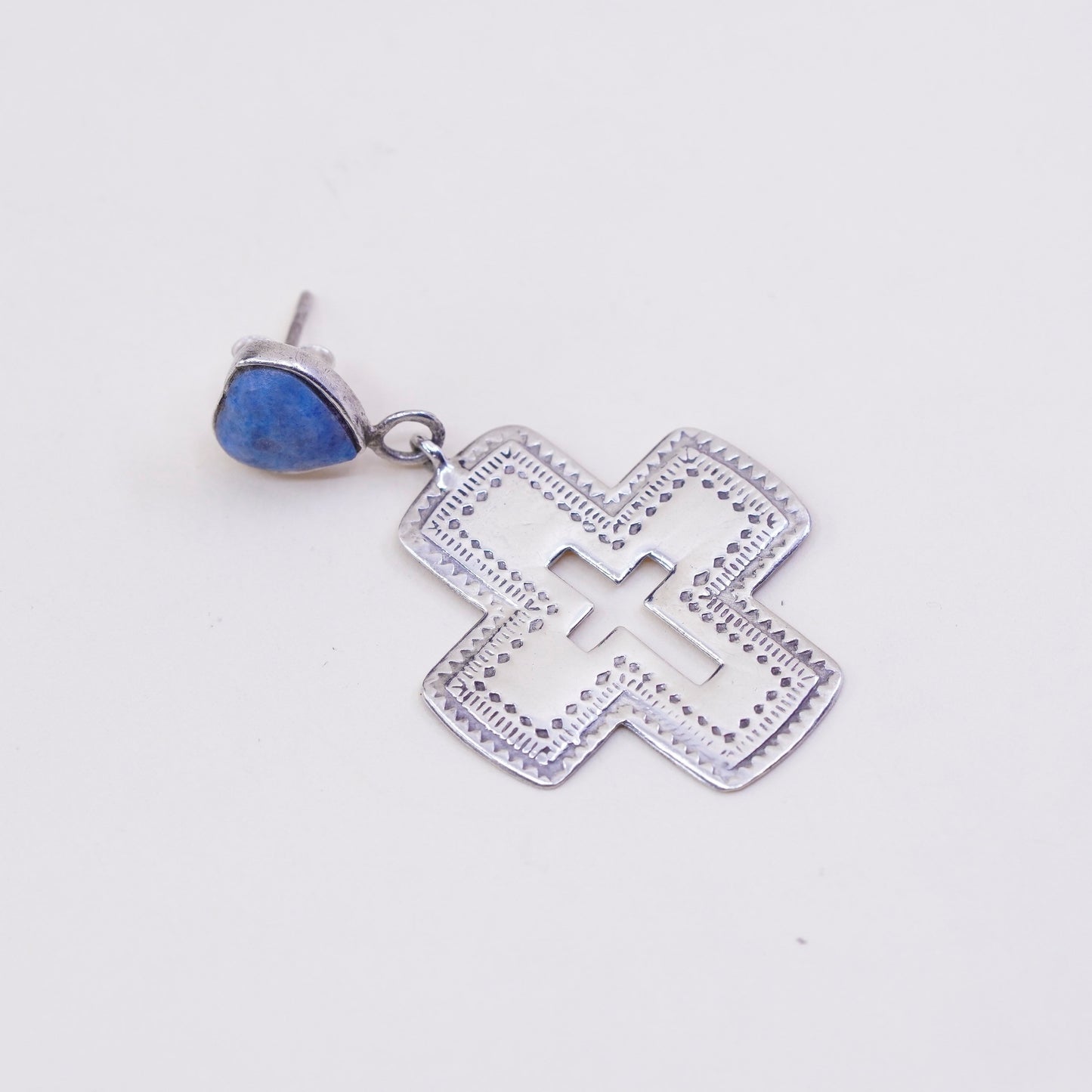 vtg Sterling 925 silver handmade textured cross earrings with heart sodalite