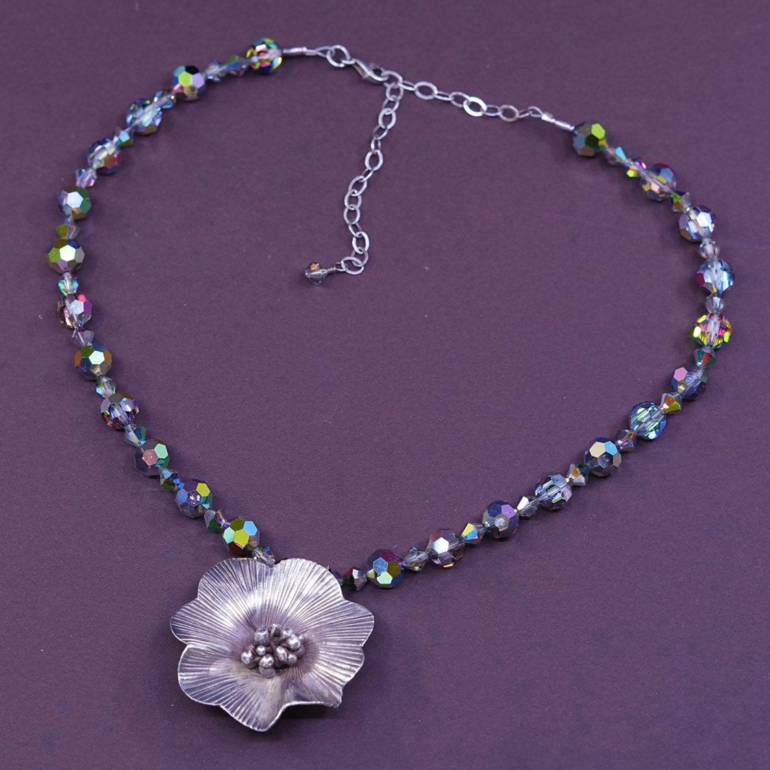 14+4", Sterling silver handmade necklace, crystal beads w/ 925 flower Pendant
