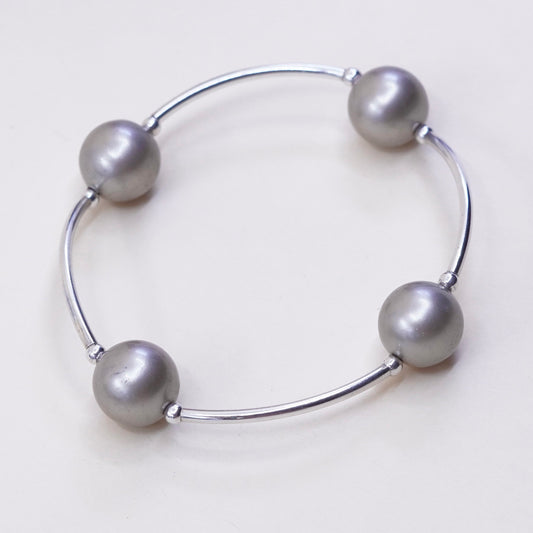 6”, handmade sterling 925 silver bar with gray pearl bracelet w/ elastic band