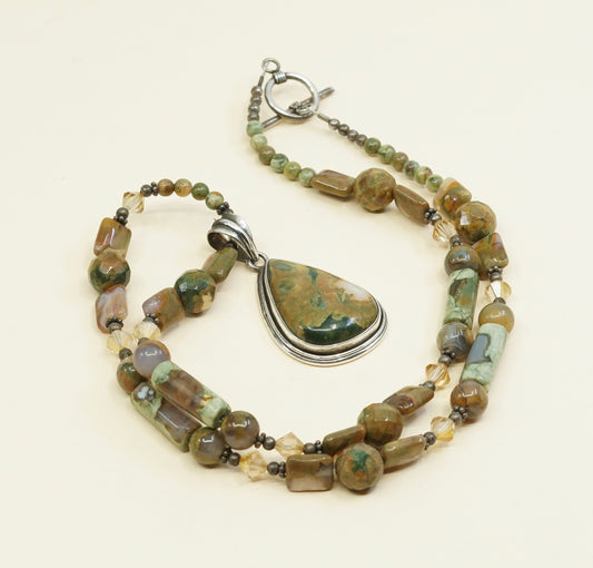 22”, sterling 925 silver handmade necklace unakite N agate beads teardrop agate