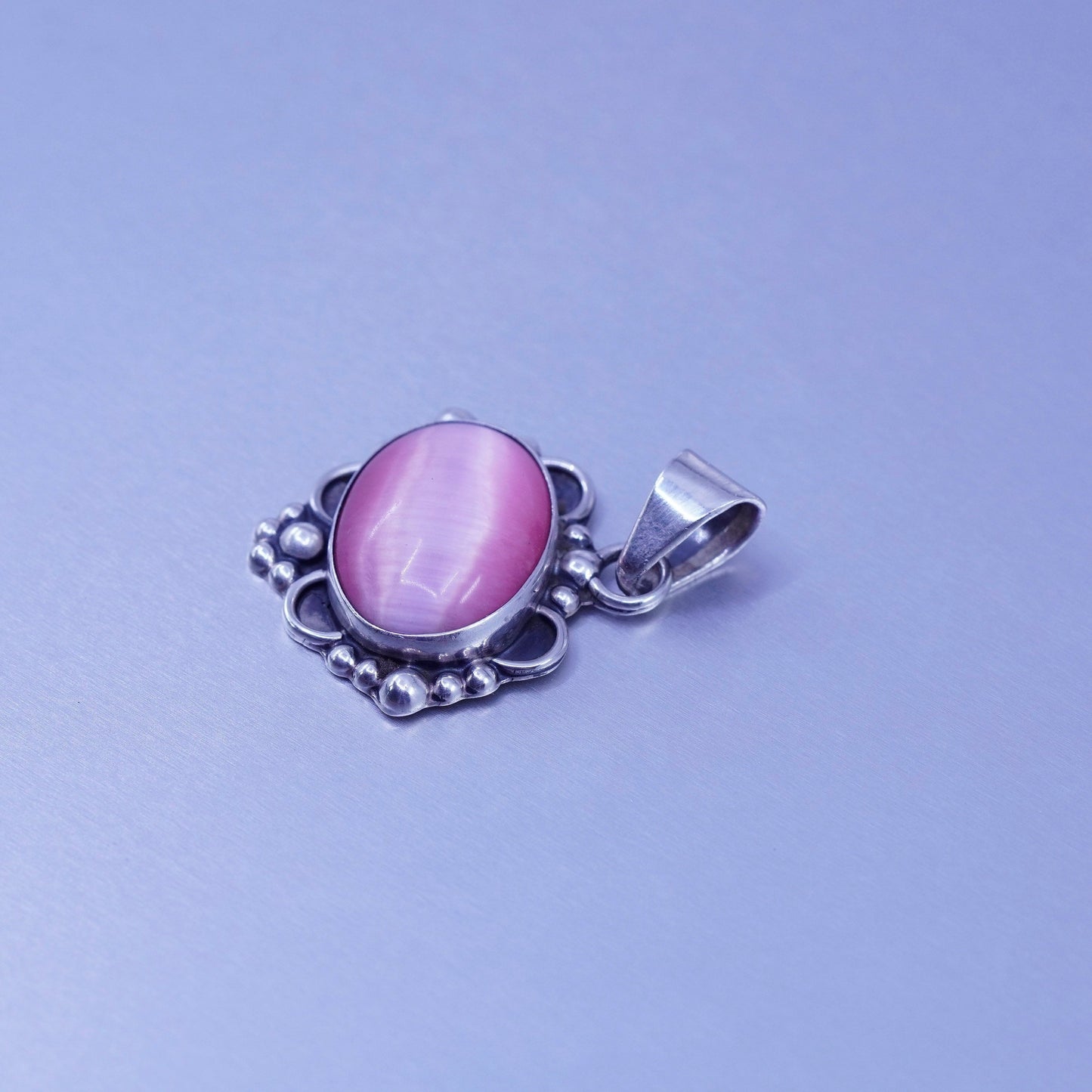 antique sterling 925 silver beads pendant with oval pink cat’s eye