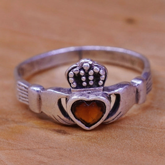 Size 6.5, sterling 925 silver with holding heart, handmade claddagh ring Ruby