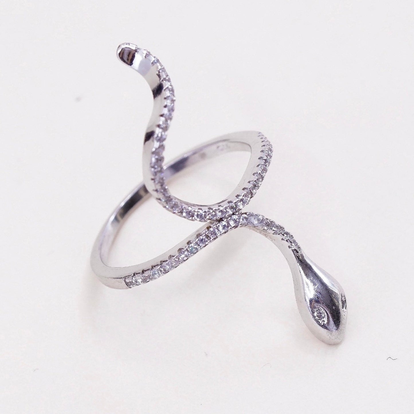 Size 7.25, vintage sterling silver ring, handmade 925 snake band with cz