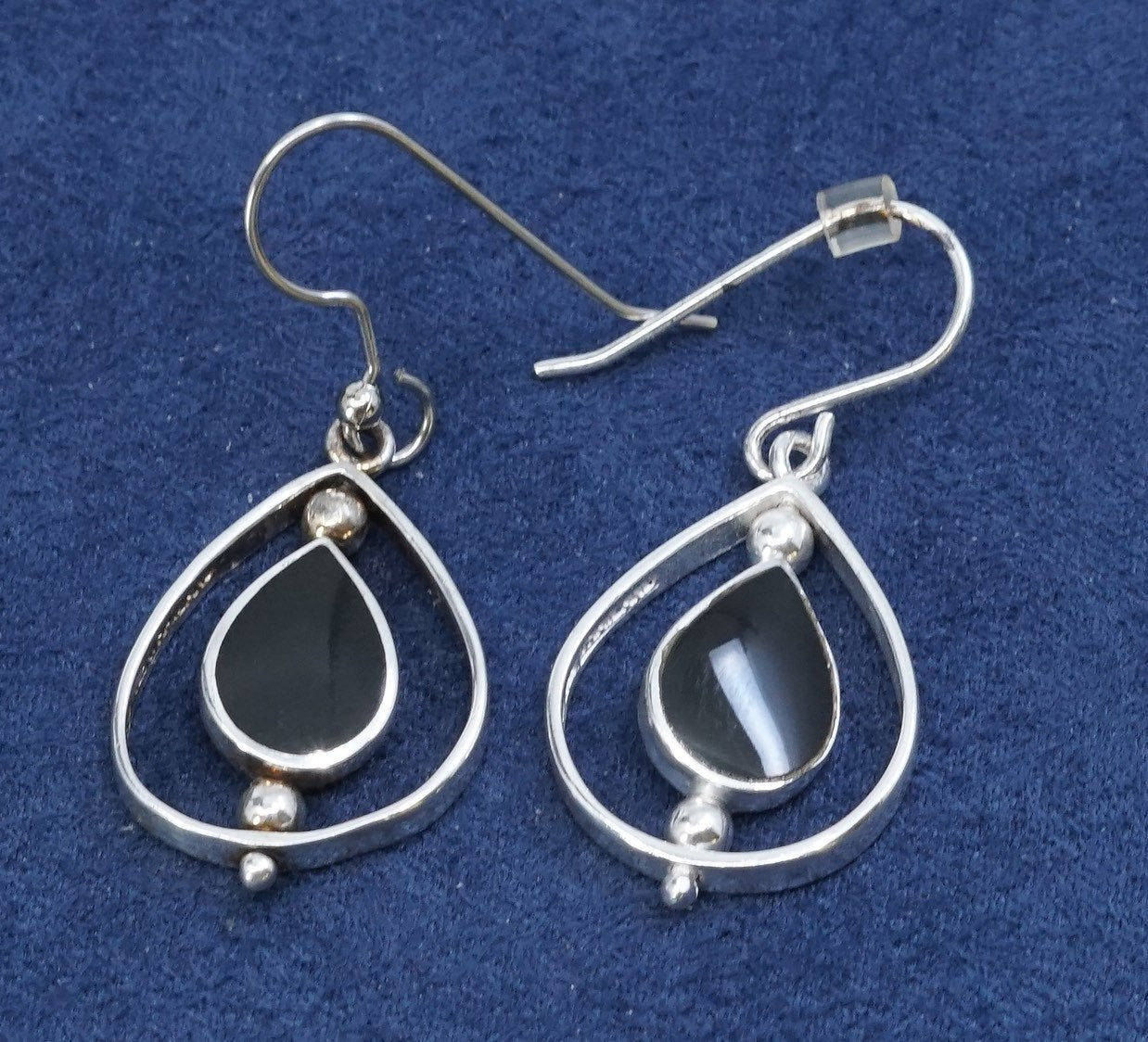 vtg sterling silver handmade earrings, 925 w/ teardrop obsidian