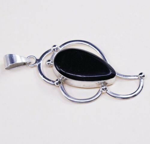 Vtg Mexico Sterling Silver Handmade Pendant 925 w/ Oval Obsidian N Beads