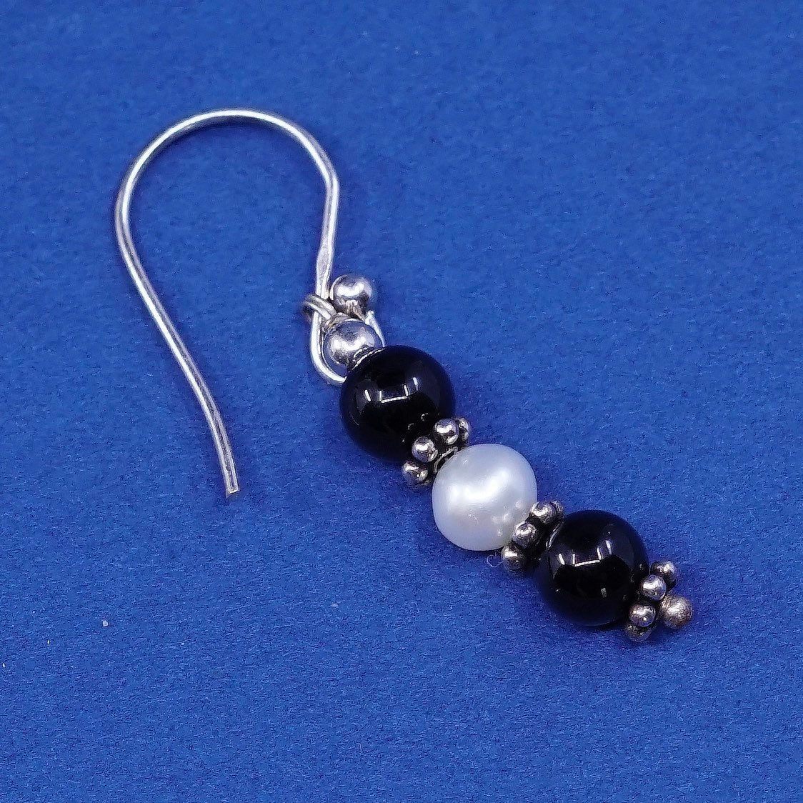 vtg Sterling silver handmade earrings, 925 w/ pearl N obsidian drops