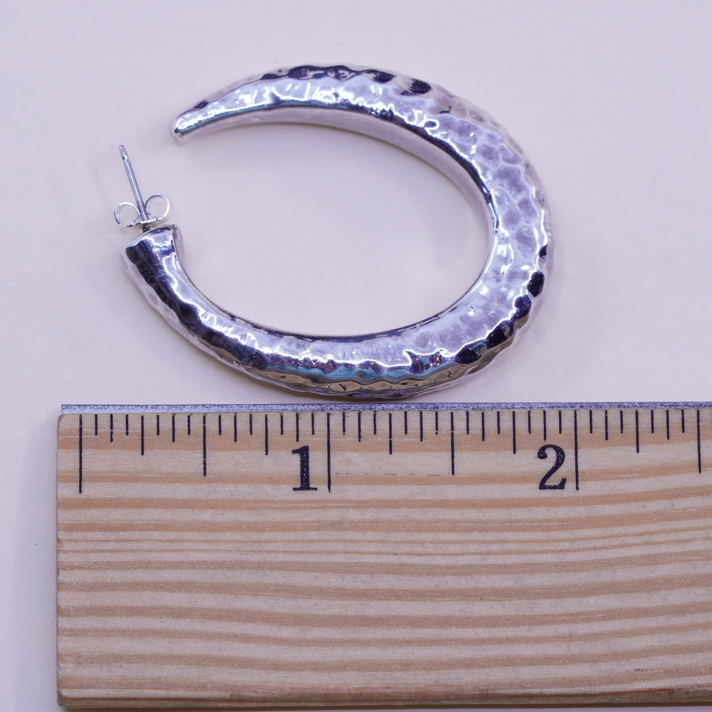1.75” Vintage sterling 925 silver earrings, textured hammered primitive hoops