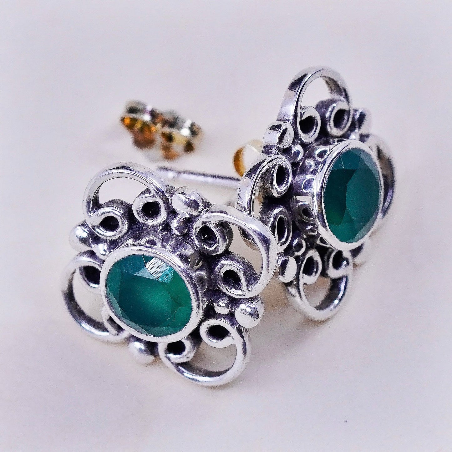 Vintage sterling 925 silver studs, minimalist earrings with emerald