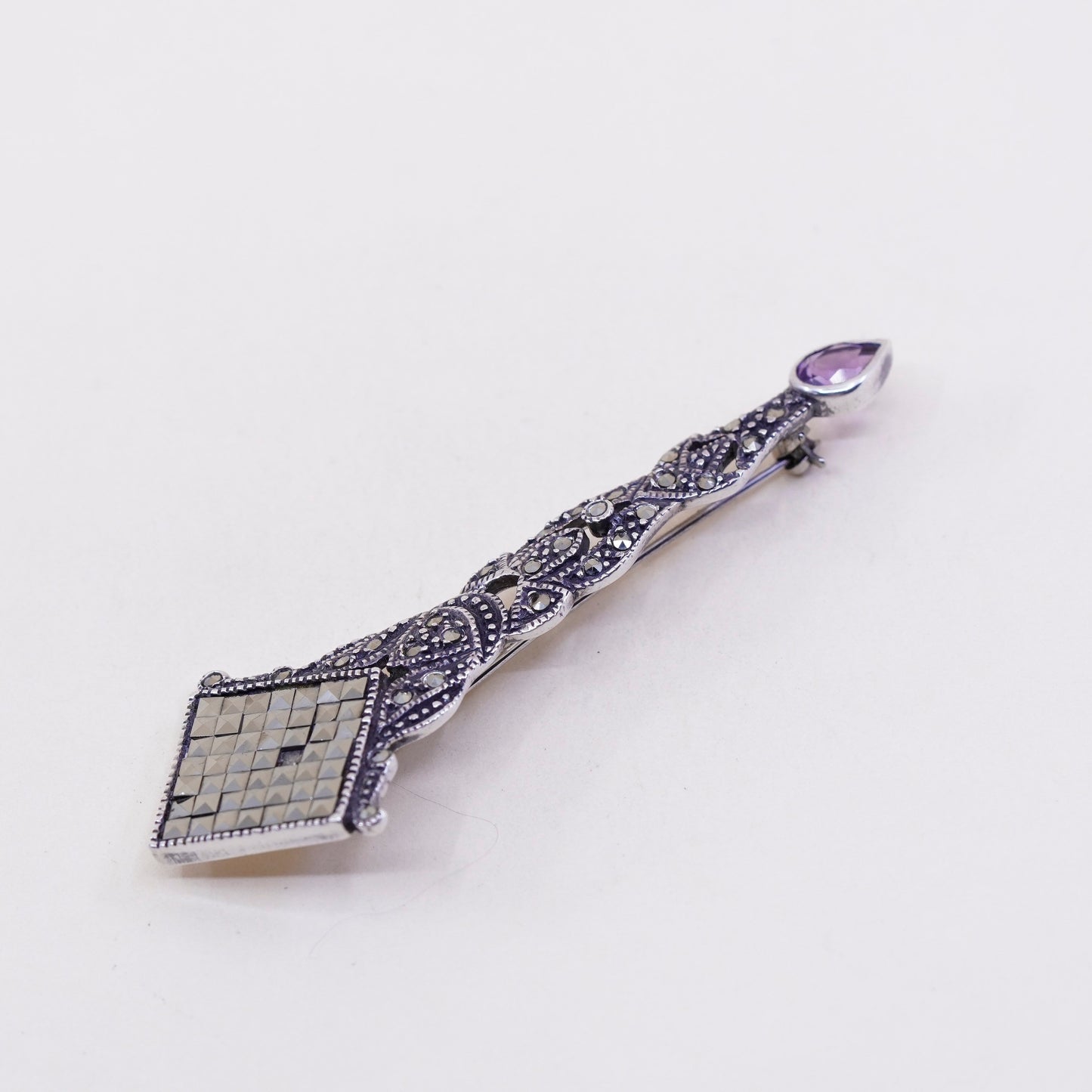 vtg Sterling silver handmade brooch, modern 925 pin with amethyst and marcasite