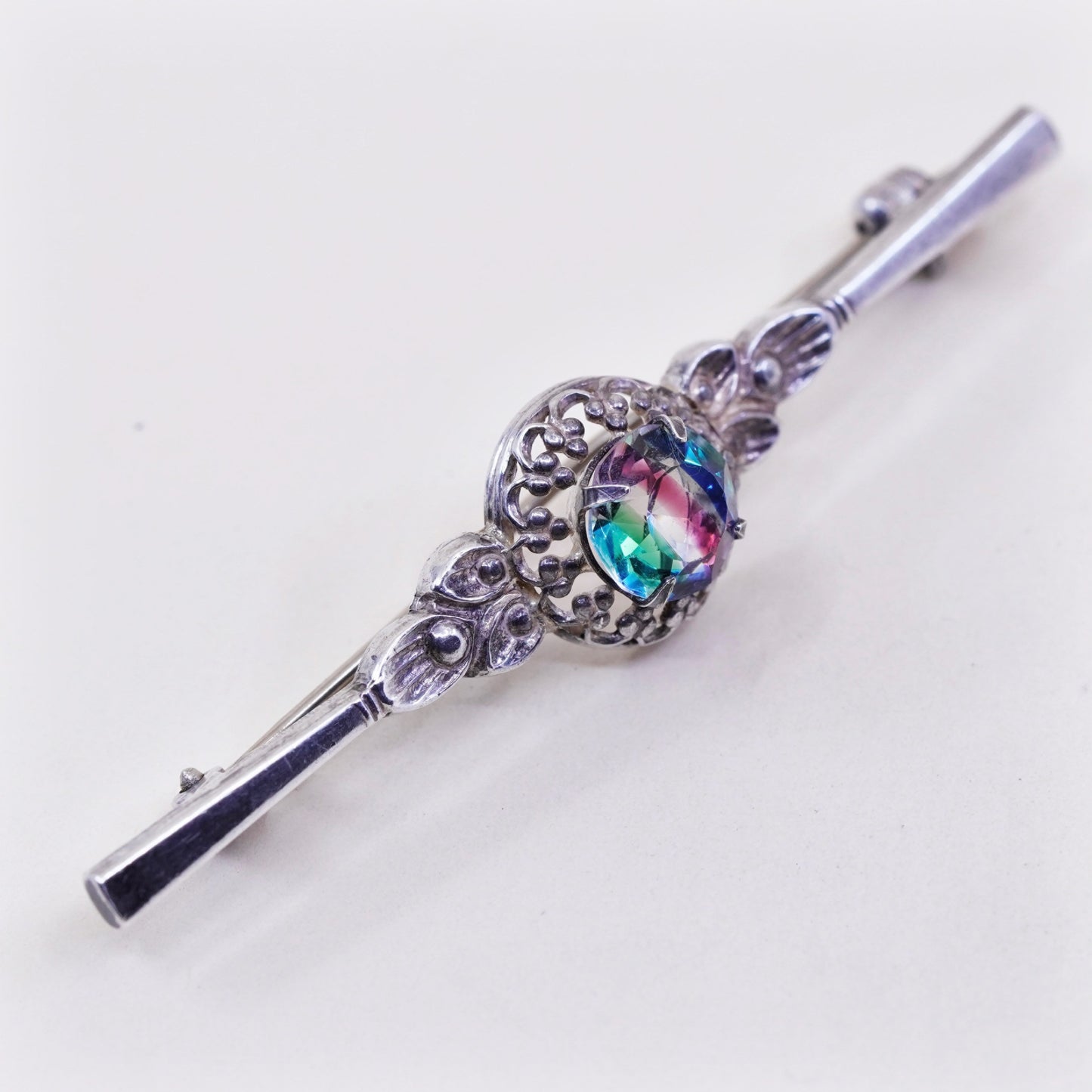 vtg sterling silver handmade brooch, 925 long filigree bar pin with fluorite