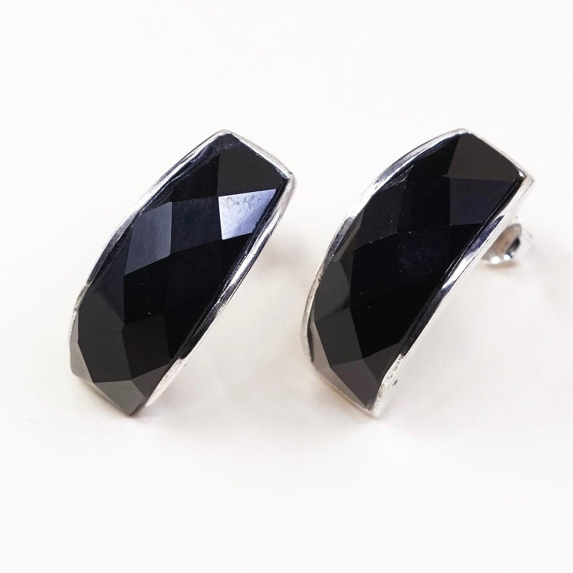 VTG sterling silver earrings, 925 silver buggies w/ diamond cut obsidian