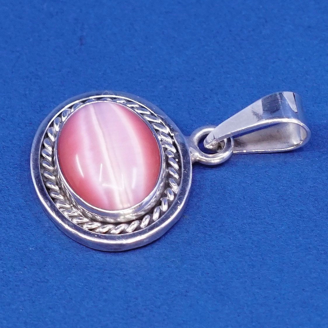 vtg Sterling silver handmade pendant, 925 charm w/ oval pink tiger eye N cable