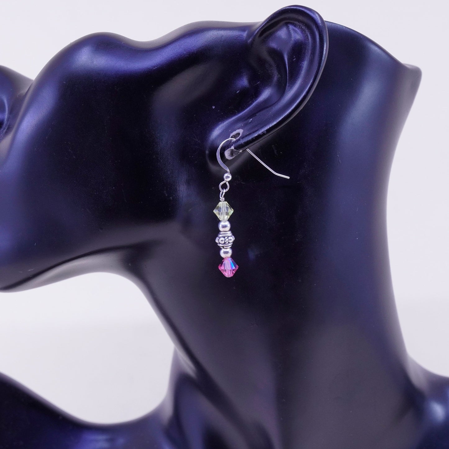 Vintage Sterling silver handmade earrings, 925 hooks with pink crystal