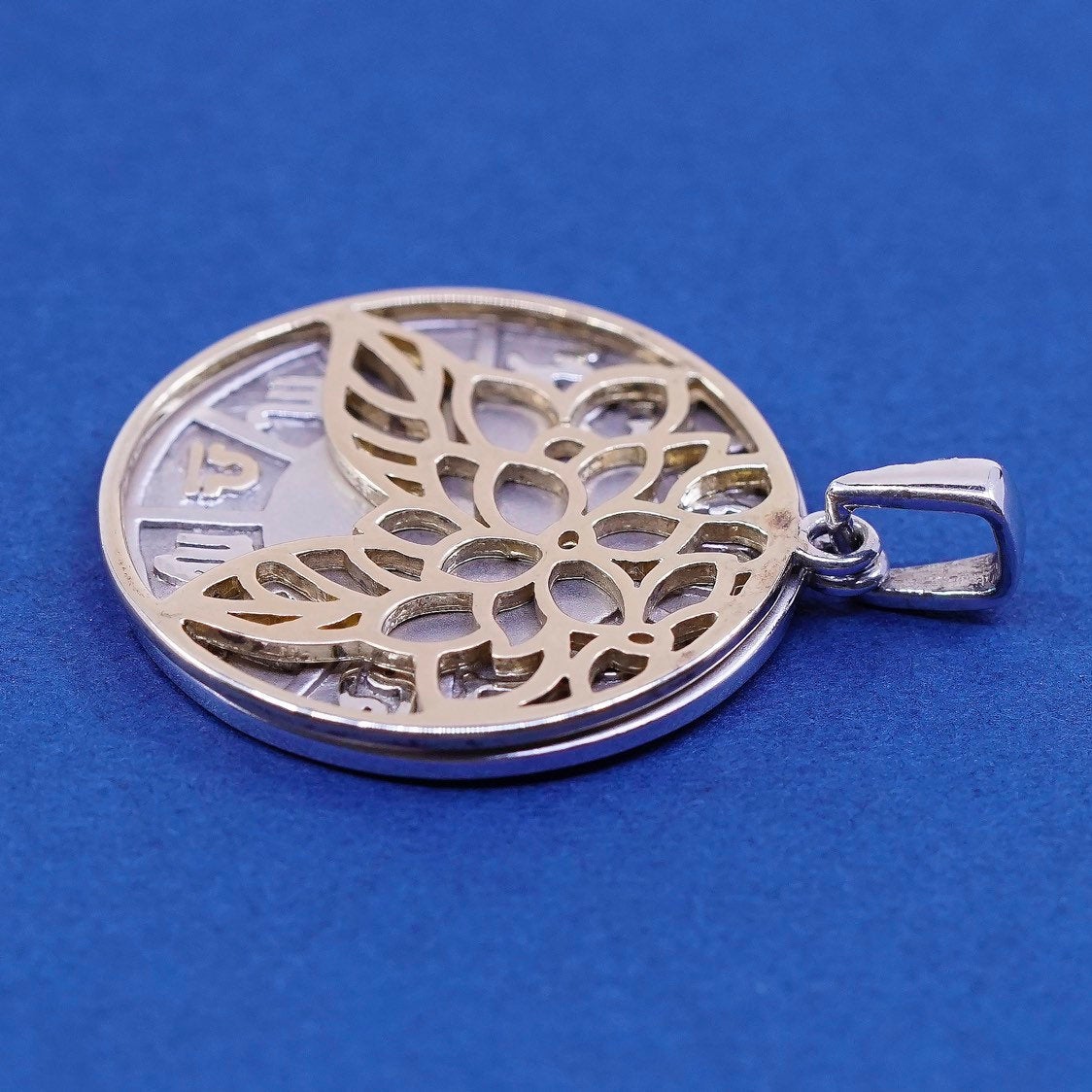 vtg Two Tone sterling silver Handmade pendant, 925 Libra Filigree flower