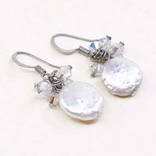 Vtg STERLING SILVER earrings with pearl dangles N Cluster Crystal, stamped 925