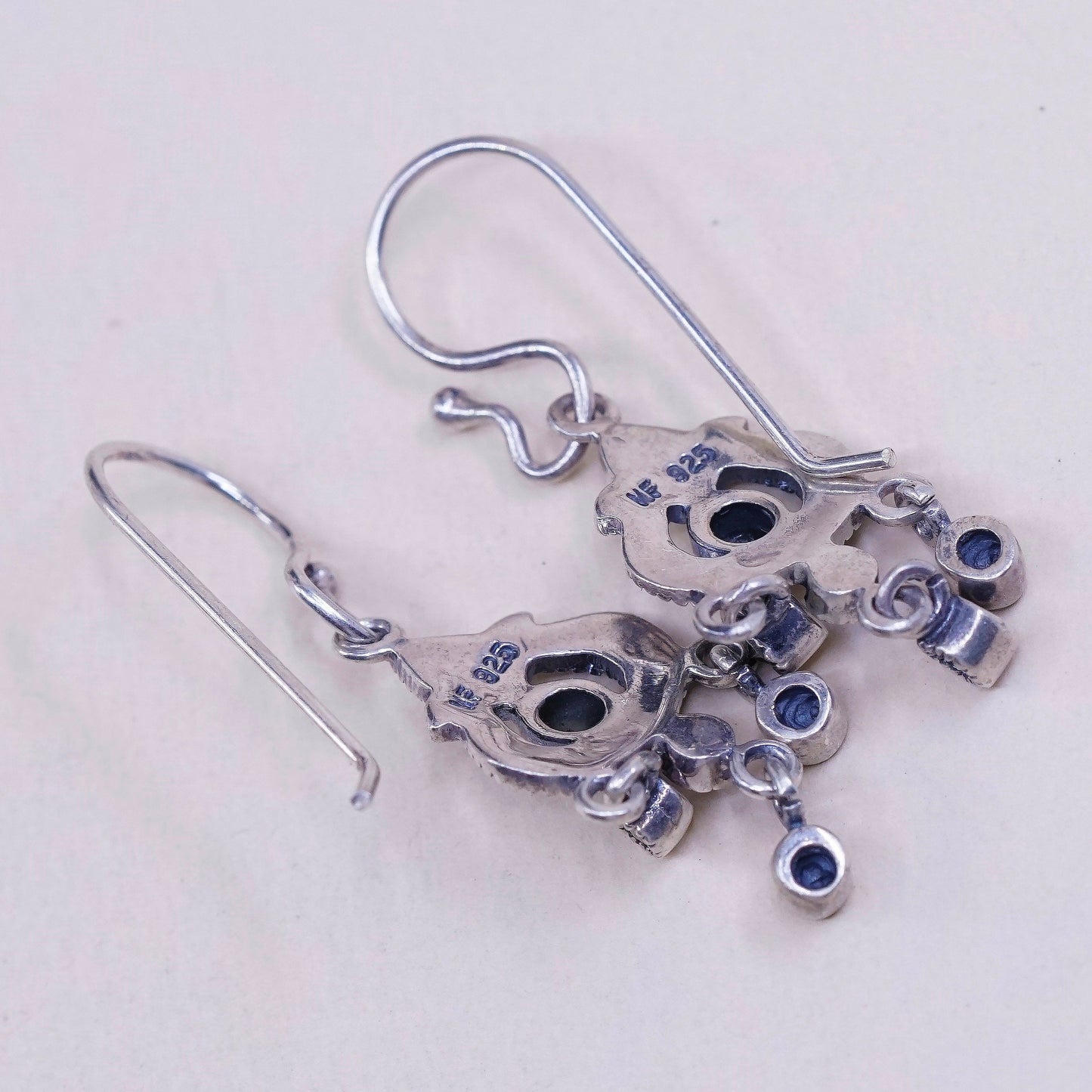 vtg Sterling silver handmade earrings, 925 drops w/ mother of pearl N marcasite