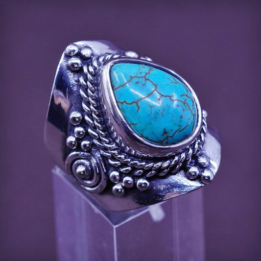 Size 9, Sterling 925 silver ring, Native American, Navajo w/ teardrop turquoise