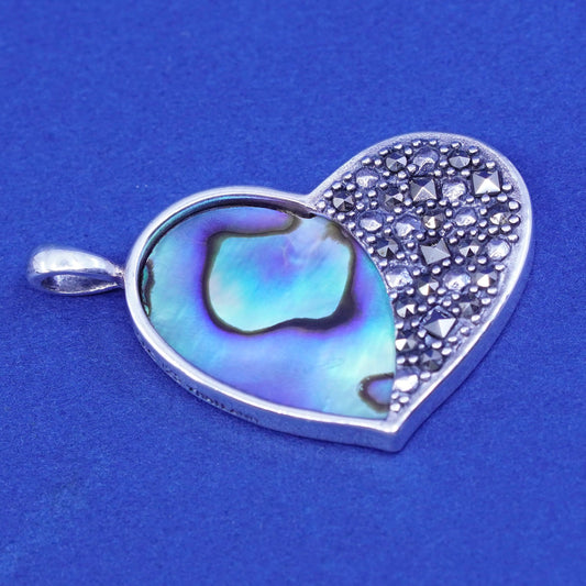 Vintage Sterling silver handmade pendant, 925 heart with abalone and marcasite