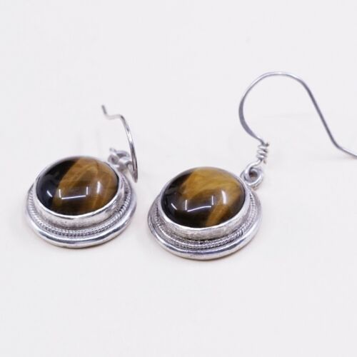 Vtg Sterling Silver Handmade Earrings, 925 Silver W/ Round Golden Tiger Eye