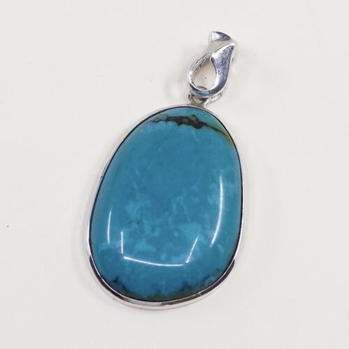 Vtg Sterling Silver Handmade Pendant W/ Huge Oval Shaped Turquoise, Stamped 925