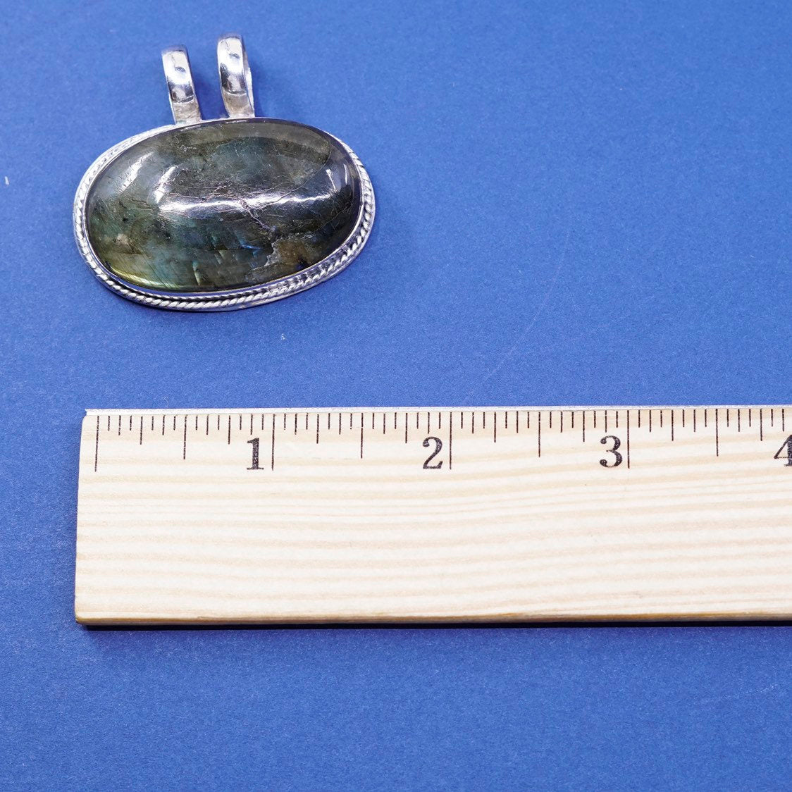 vtg Sterling silver handmade pendant, 925 oval labradorite N cable