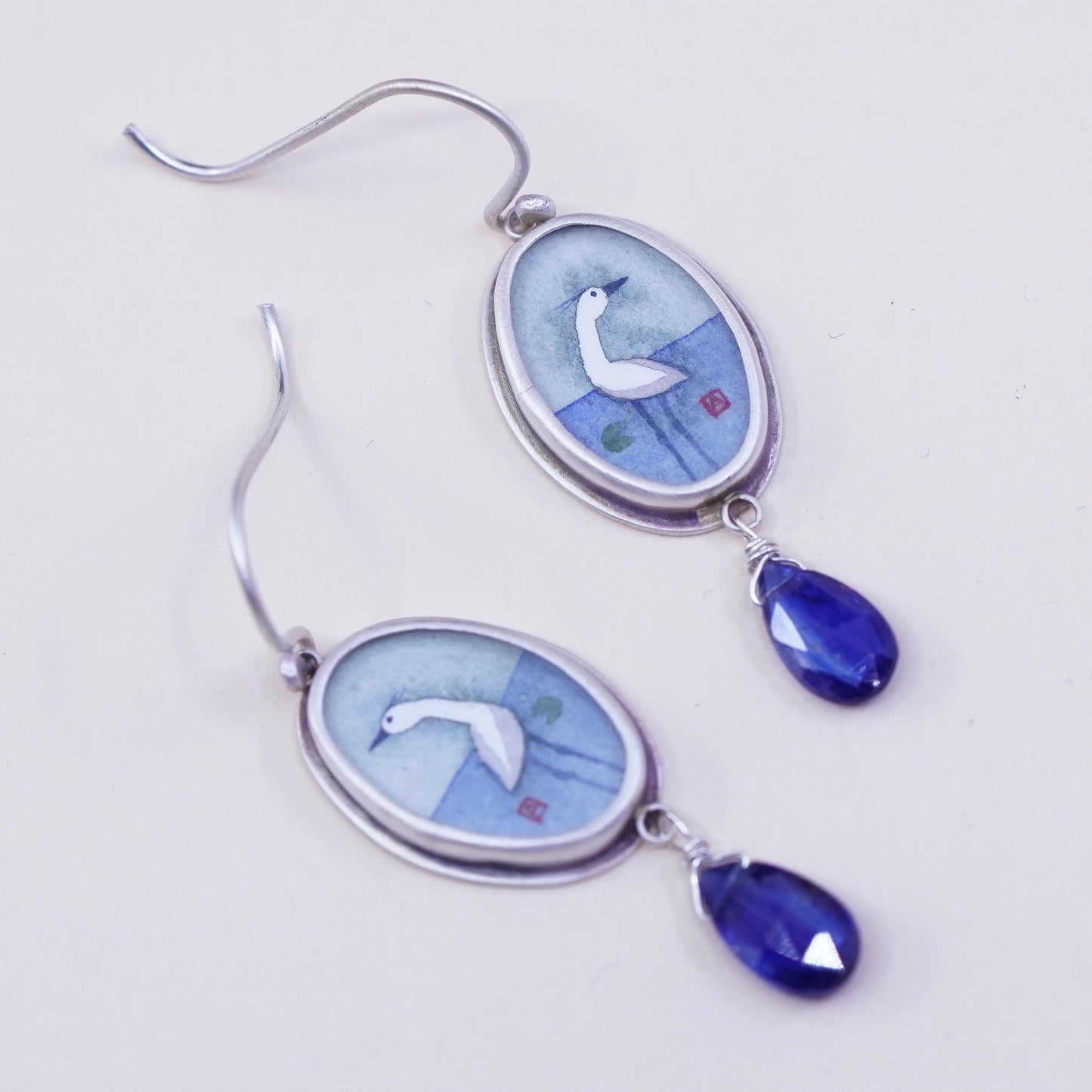 Designer Ananda KHALSA Sterling 925 silver handmade earrings, watercolor white bird Crane in water and kyanite, stamped 925 A