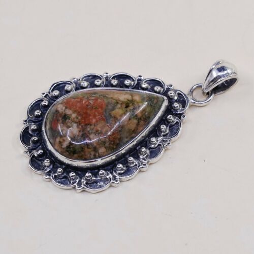 Vtg Sterling Silver Handmade Teardrop Jasper Pendant, 925 Pendant W/ Beads Bali