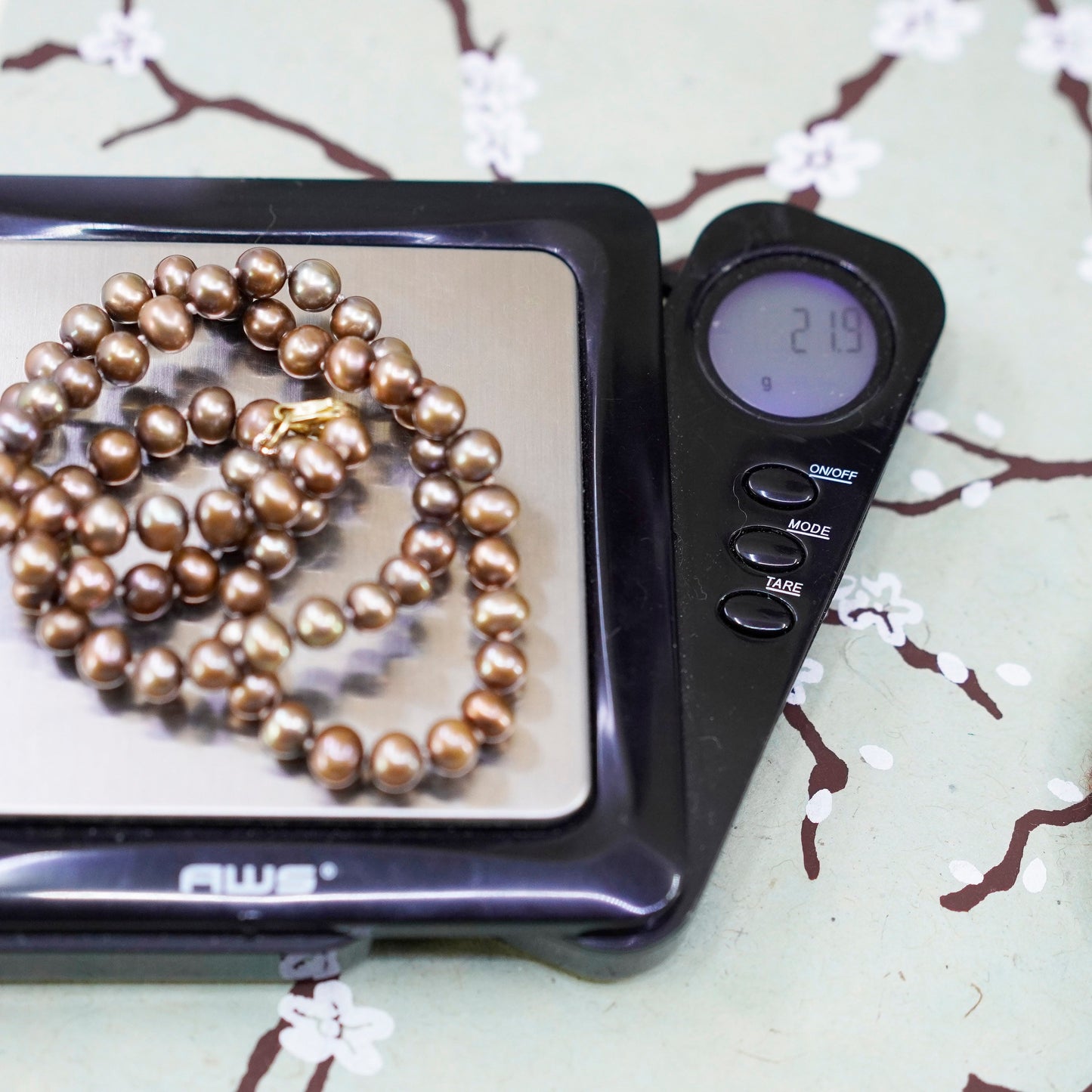 18”,vintage handmade pearl necklace, linen thread with 6mm golden pearl