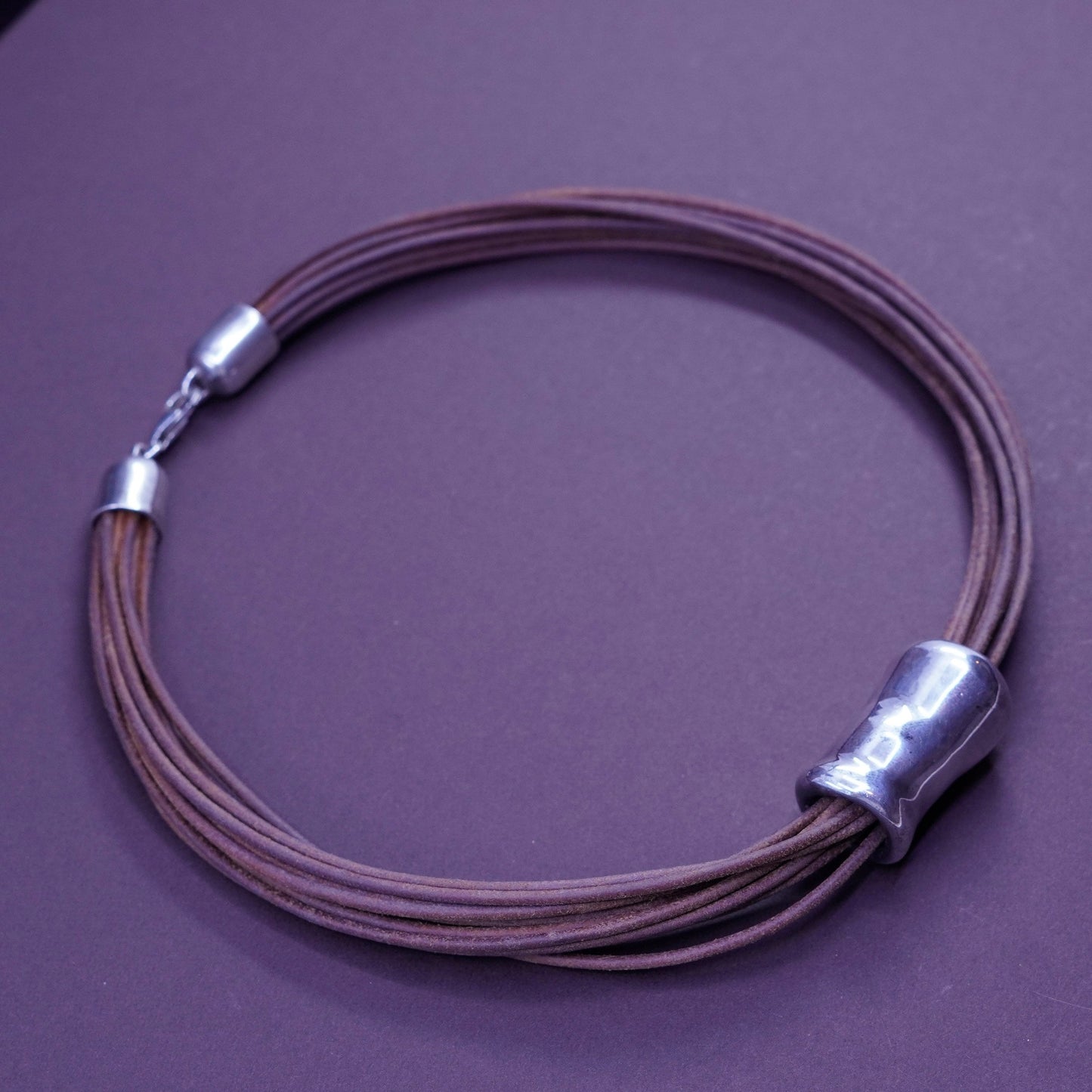 15”, vtg Sterling Silver Multi Strand brown Leather Necklace Slide 925 Pendant