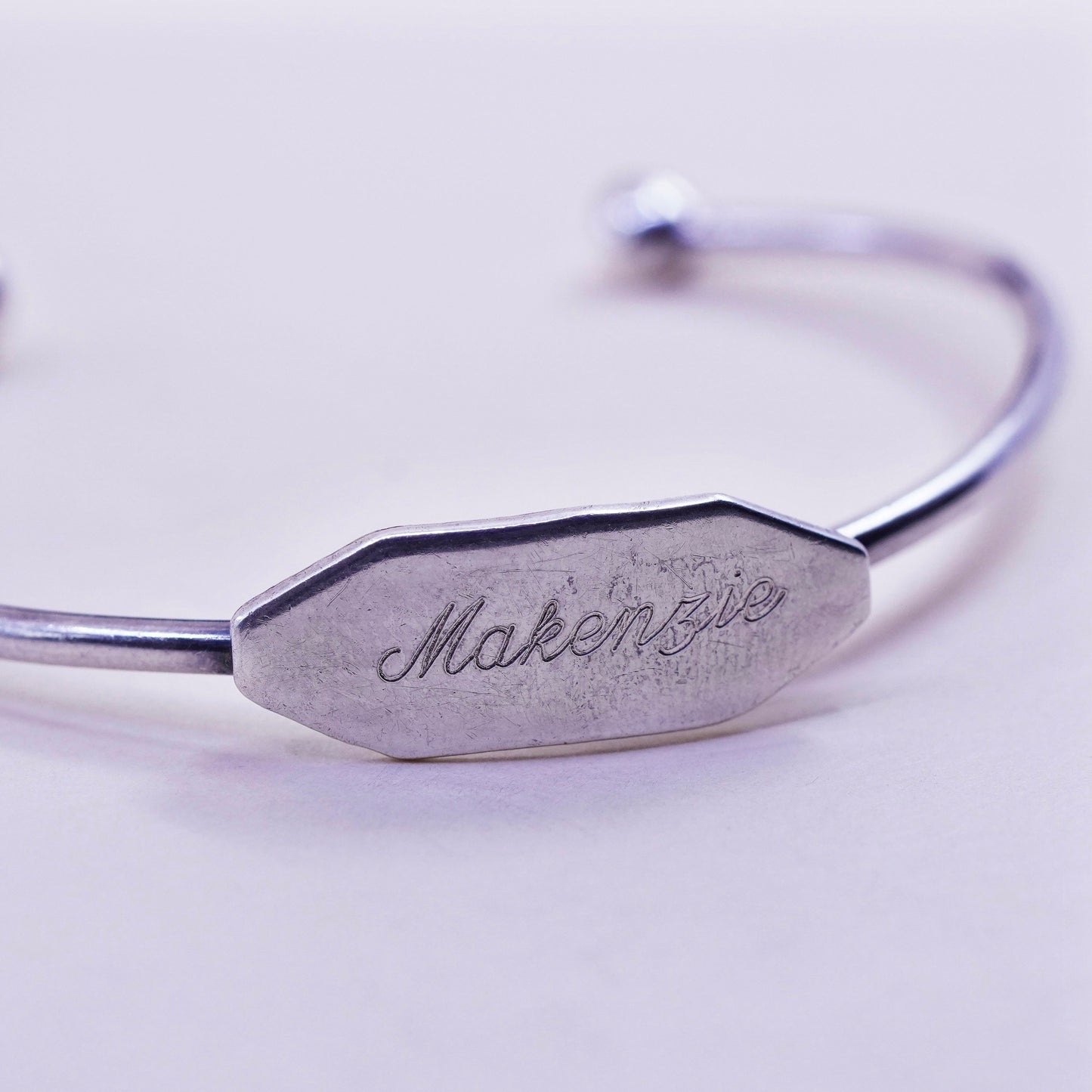 5.5”, Sterling silver baby bracelet, Mexico 925 cuff engraved name “makengie”