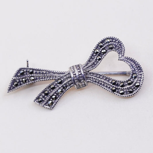 Vintage sterling silver handmade brooch, 925 heart ribbon bow with marcasite