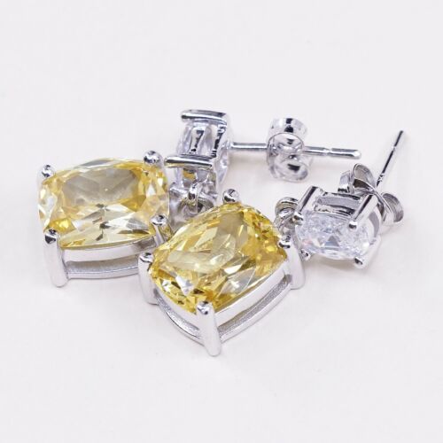 Vtg White Gold Over Sterling Silver Earrings, 925 Dangles W/ Mega Shiny Citrine