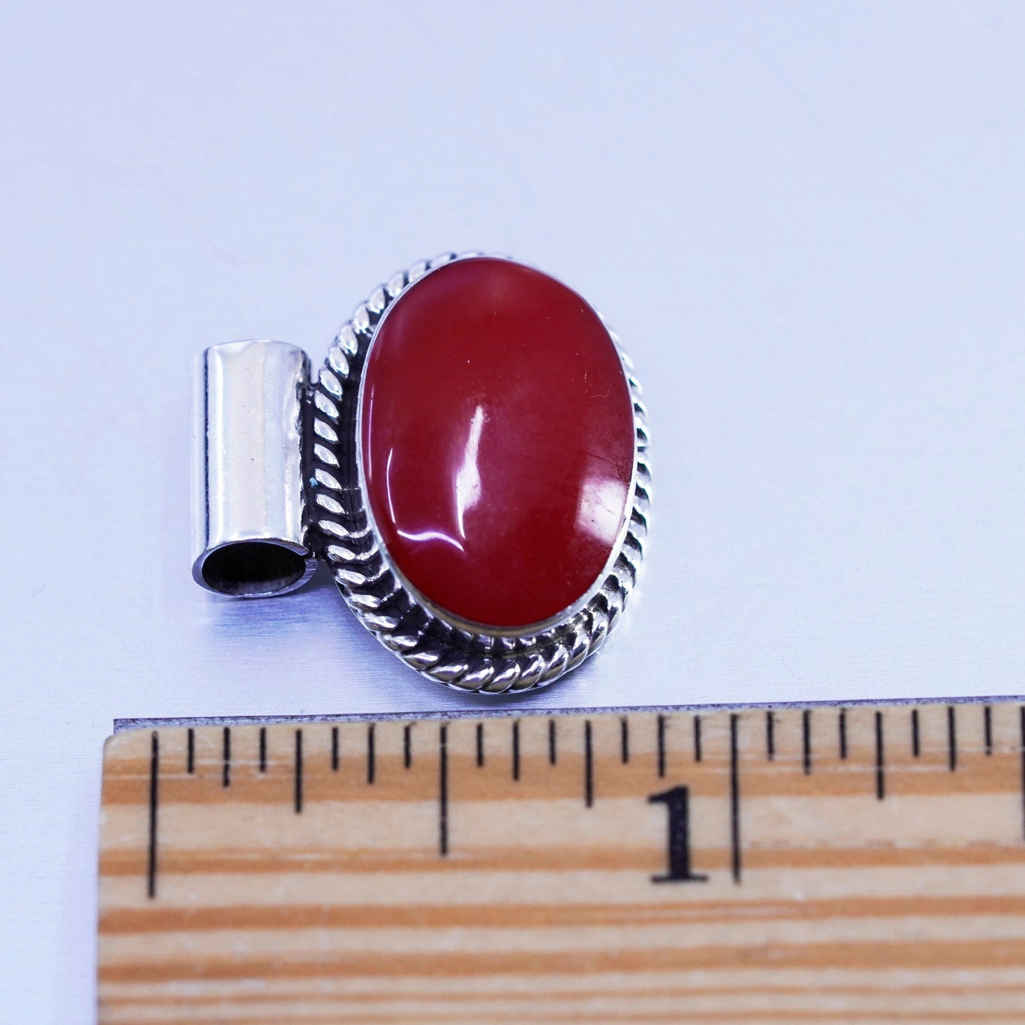 antique sterling 925 silver handmade pendant with red onyx and cable