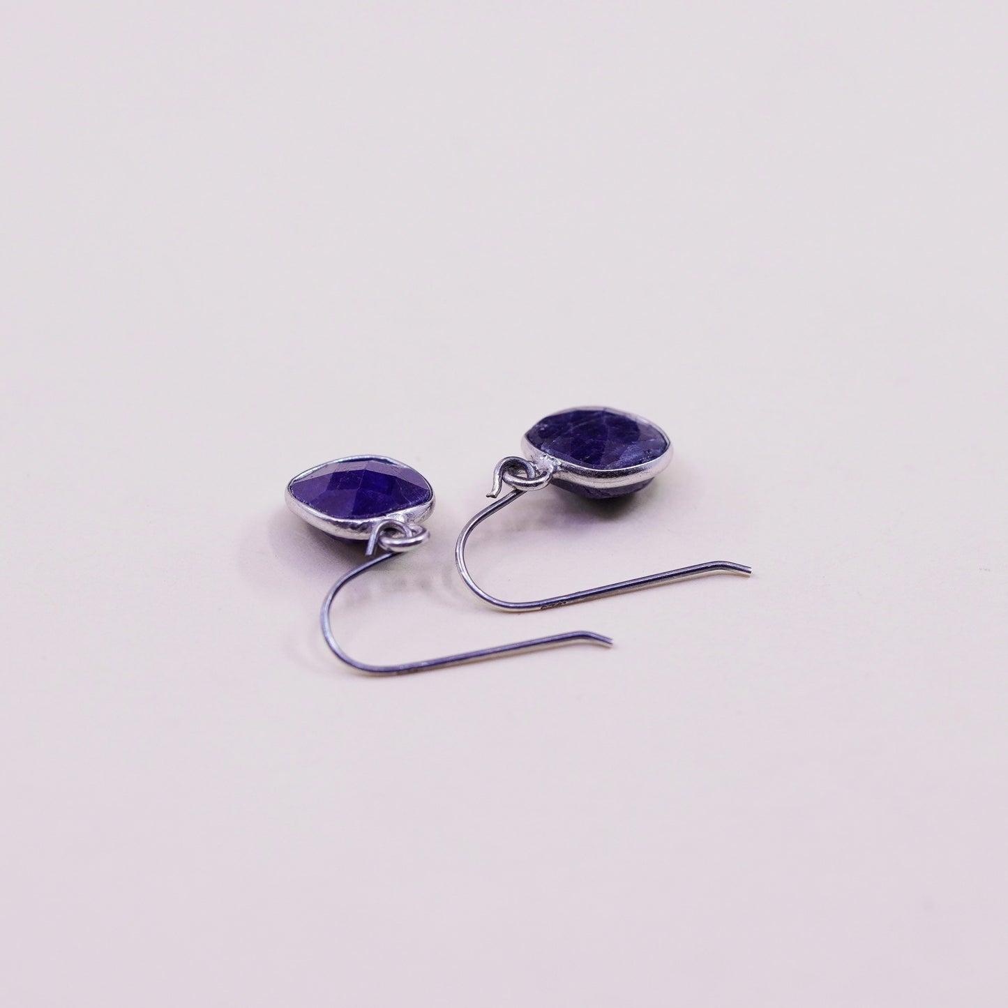 Vintage sterling silver earrings, 925 hooks with square sapphire