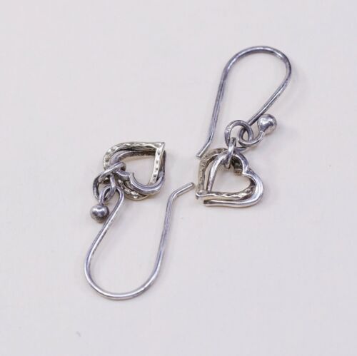 Vtg Sterling Silver Handmade Earrings, 925 Double Heart Dangles, Silver Tested