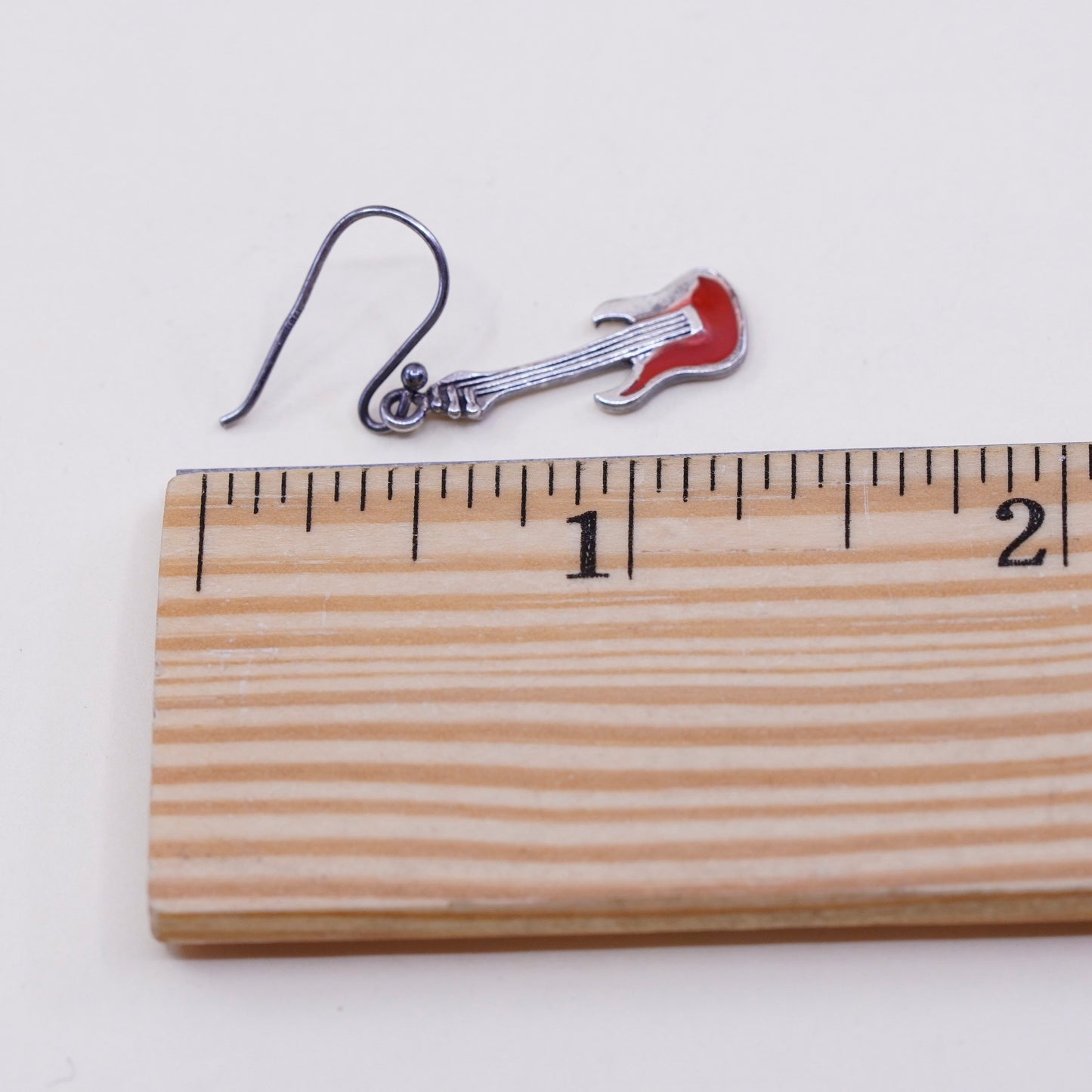 Vintage sterling silver handmade earrings, 925 guitar dangle and red enamel